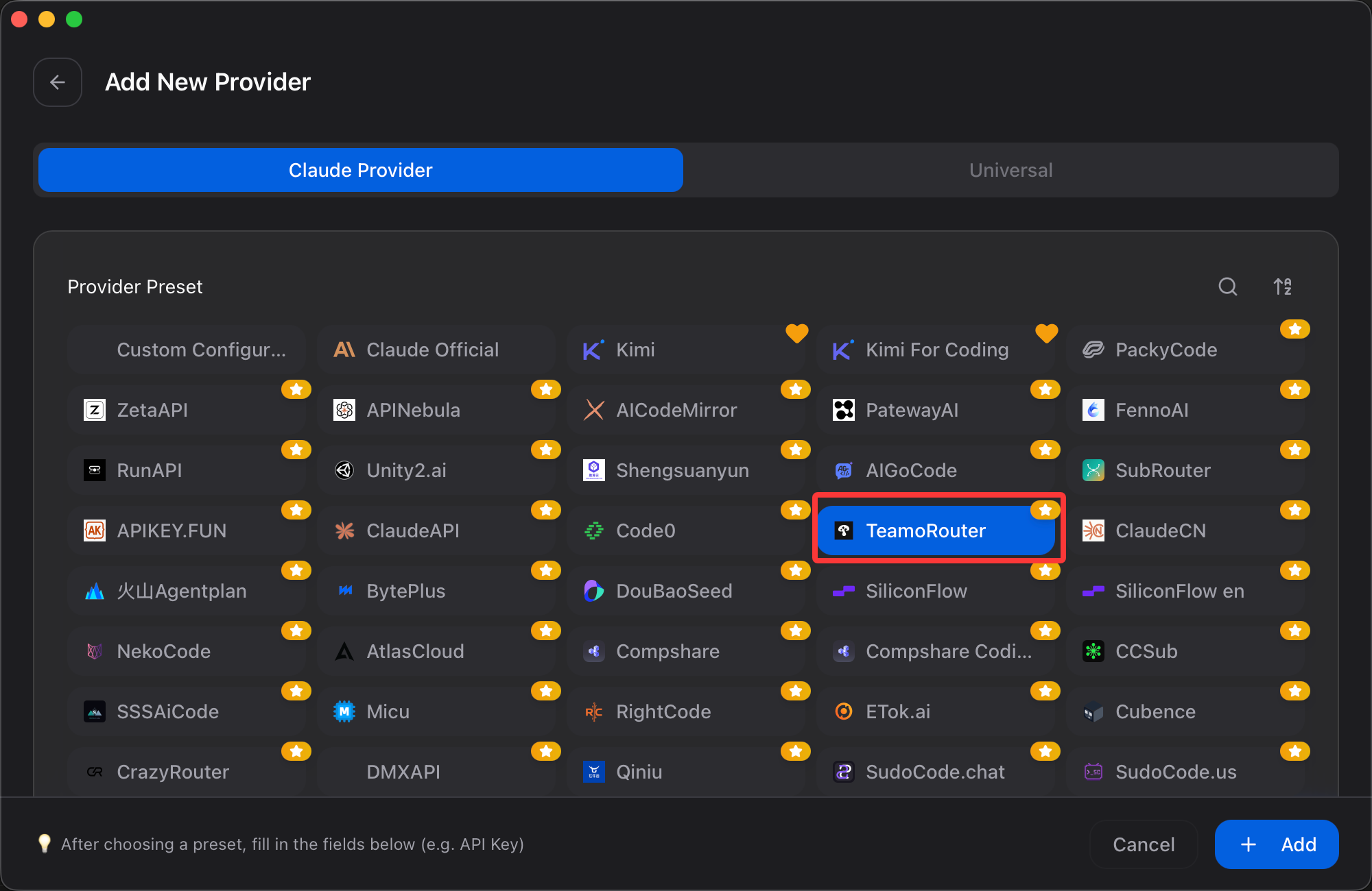 Select the Moyi API preset provider